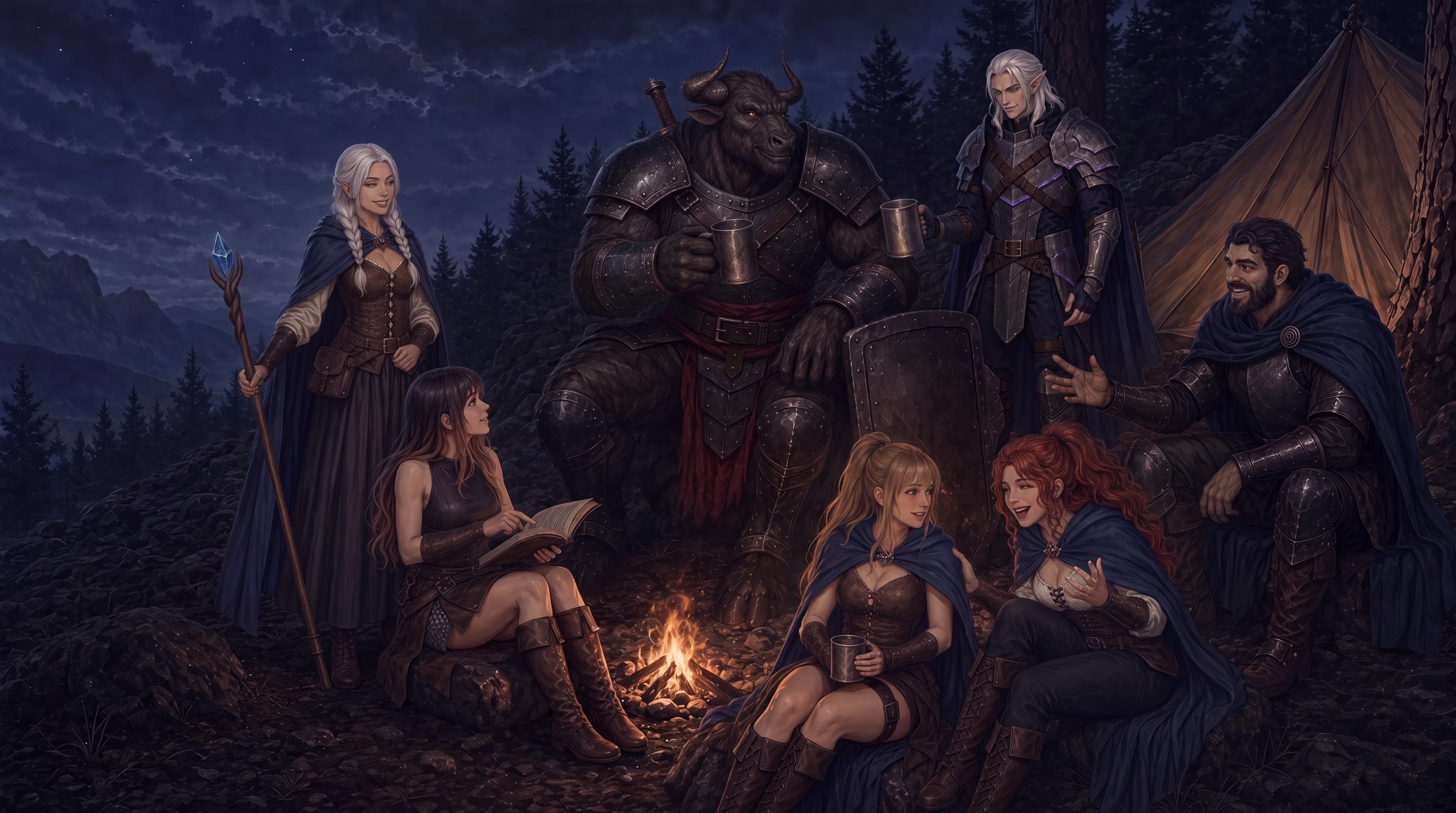 Anya, Bryn, Marin, Kestra, Alarick, Brakkus, and Aurelius sharing a firelit camp